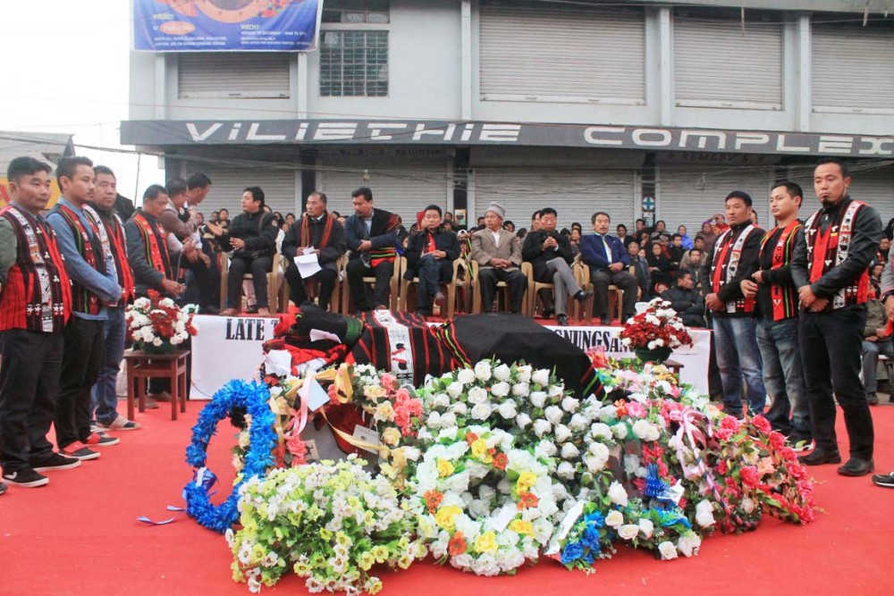 The bodies of the two deceased who were killed during police firing in January 31 in Dimapur, during a public mourning service in Kohima on Tuesday. (Morung Photo)
